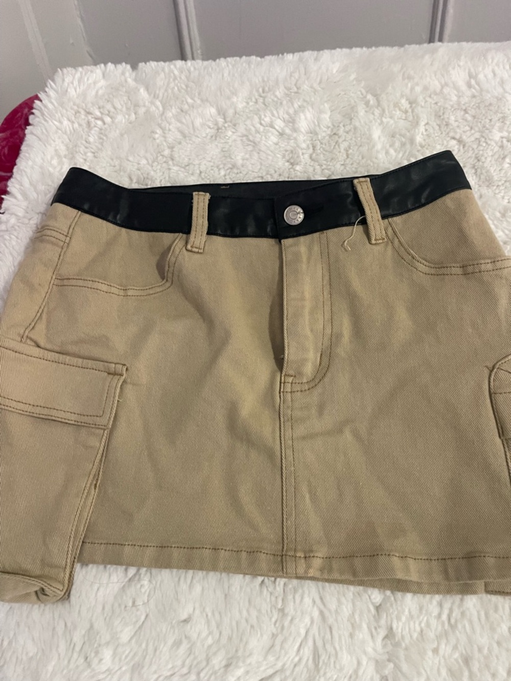 AKIRA Beige Mini Skirt with Black Faux-Leather Waistband